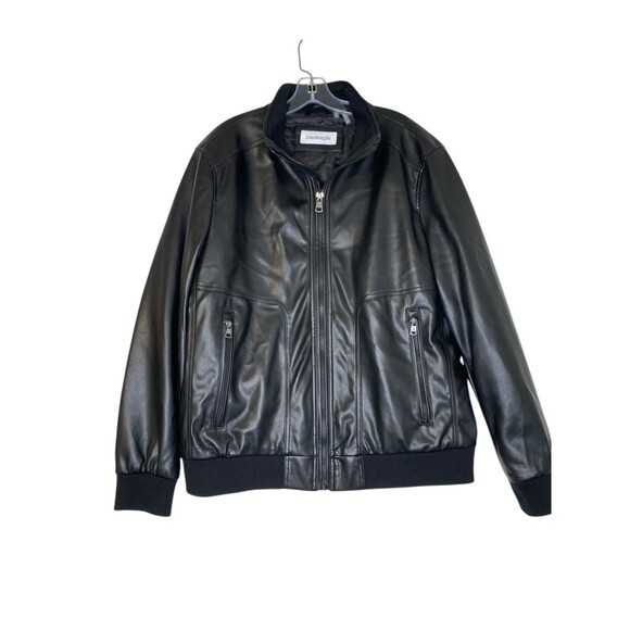 Calvin Klein Faux-Leather Bomber Jacket Men's L Black Full Zip Knit Trim $225